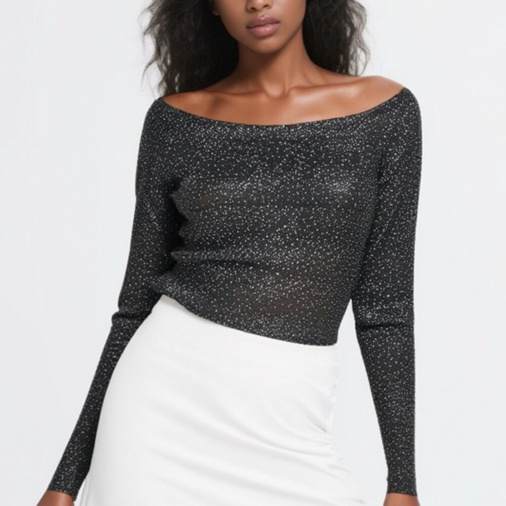 Cache Y2K Black Glitter Metallic Stretch Top Long Sleeve Blouse Size L